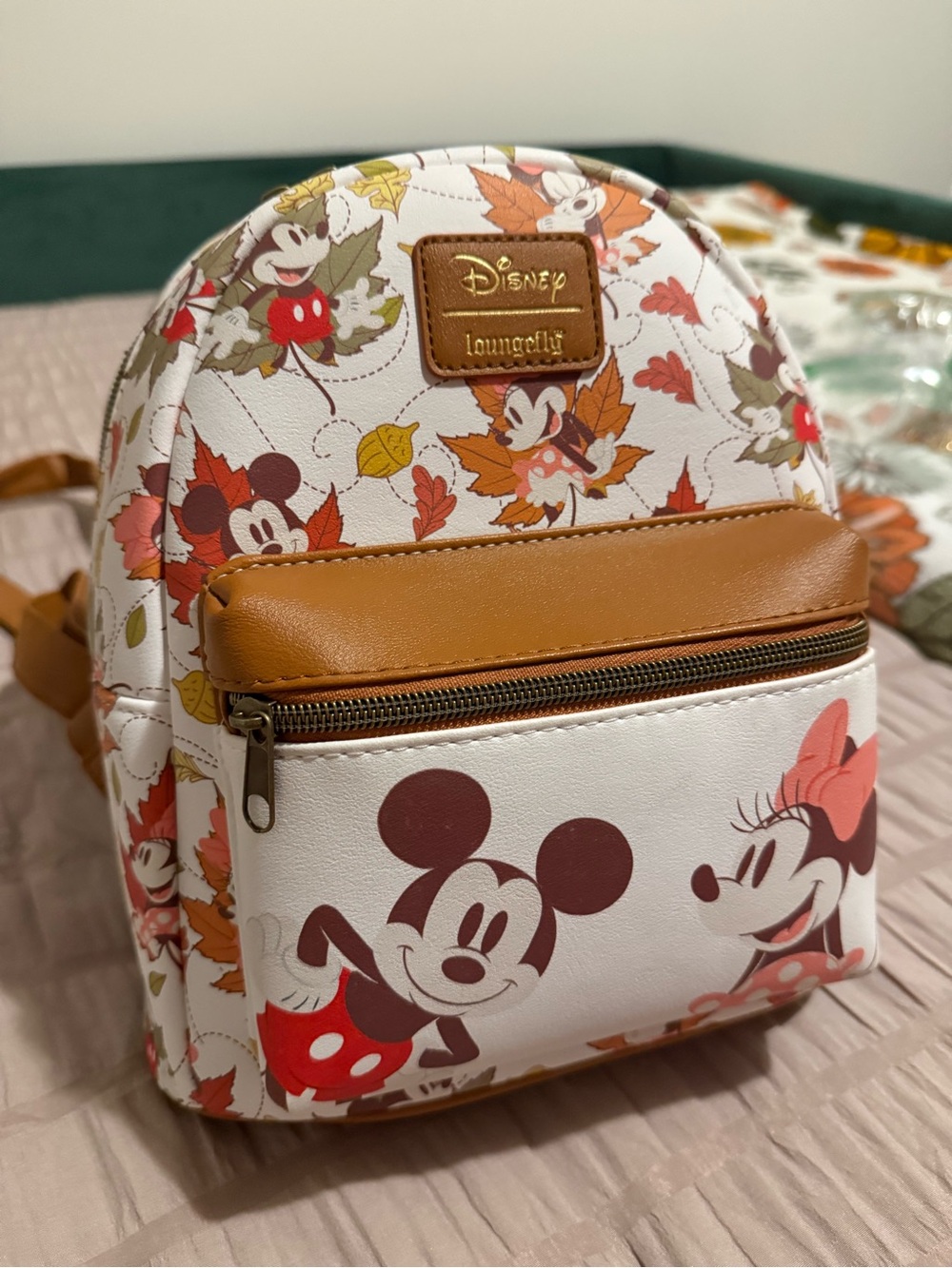 Loungefly White & Tan Minnie & Mickey Autumn Leaves Mini Backpack - Picture 2 of 3